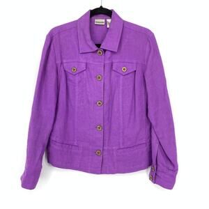 Chicos Button Front 100% Linen Jacket Womens Sz 1 US Medium Purple *READ